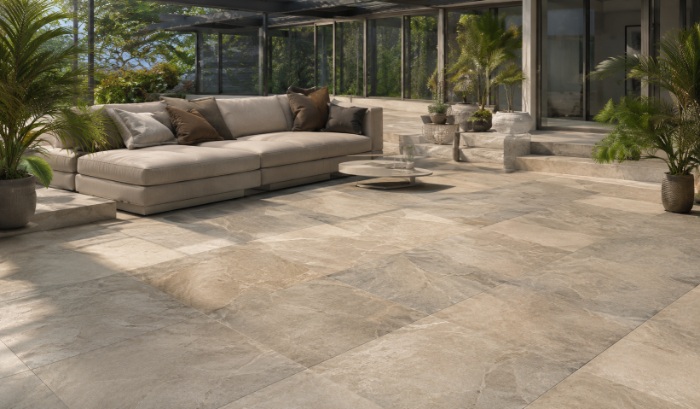 Terrasse mit großformatigen Platten in Natursteinoptik